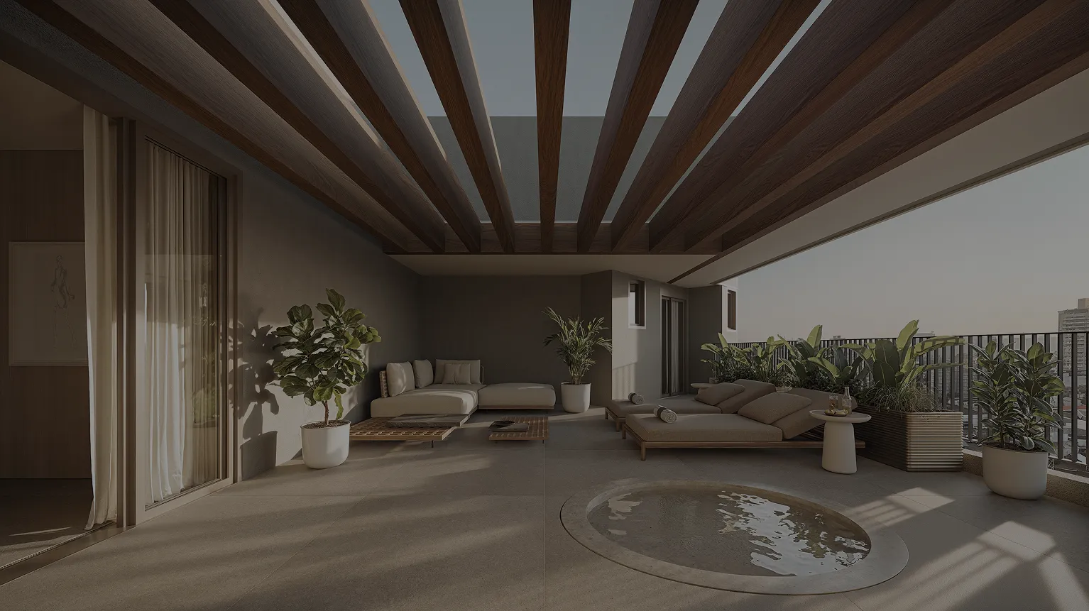 Terraço com pergolado, lounge e spa